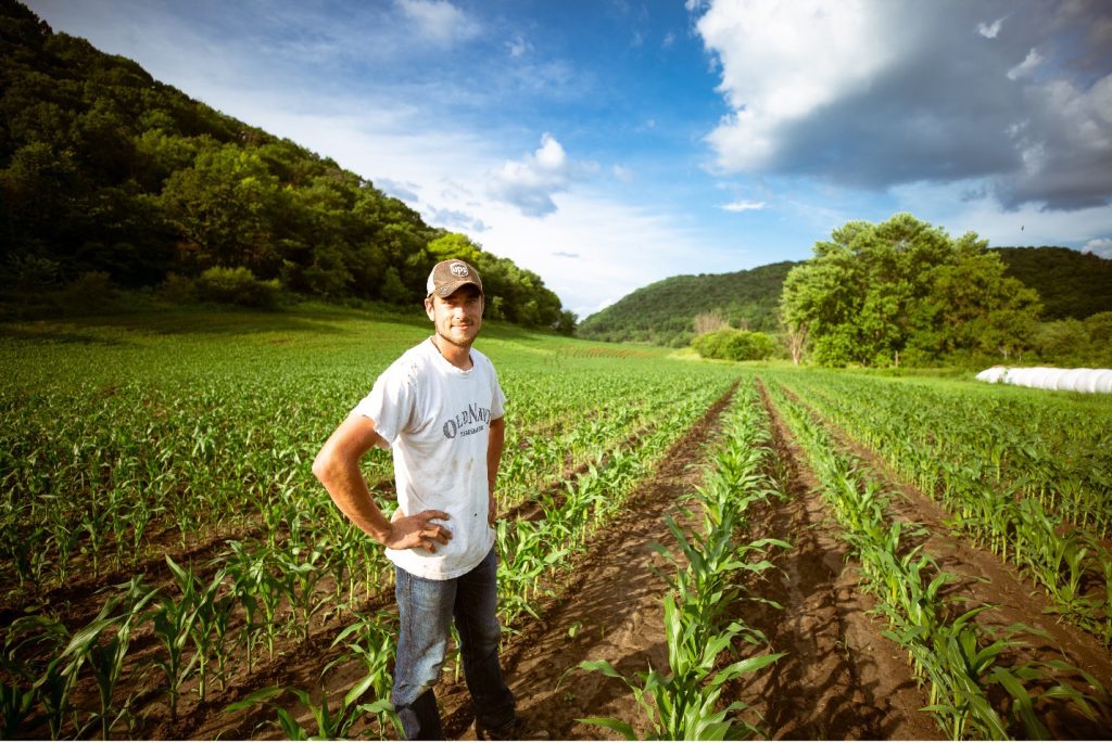 Farmer with white tshirt and brown baseball cap stands in a field with his hands on his hips.